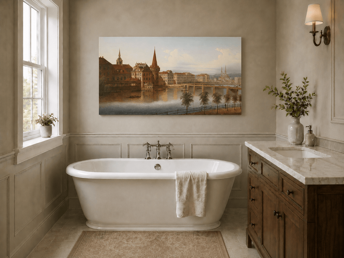 Peinture à l'huile de paysage - Paysage urbain historique au bord de la rivière