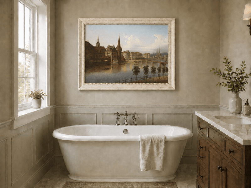 Peinture à l'huile de paysage - Paysage urbain historique au bord de la rivière