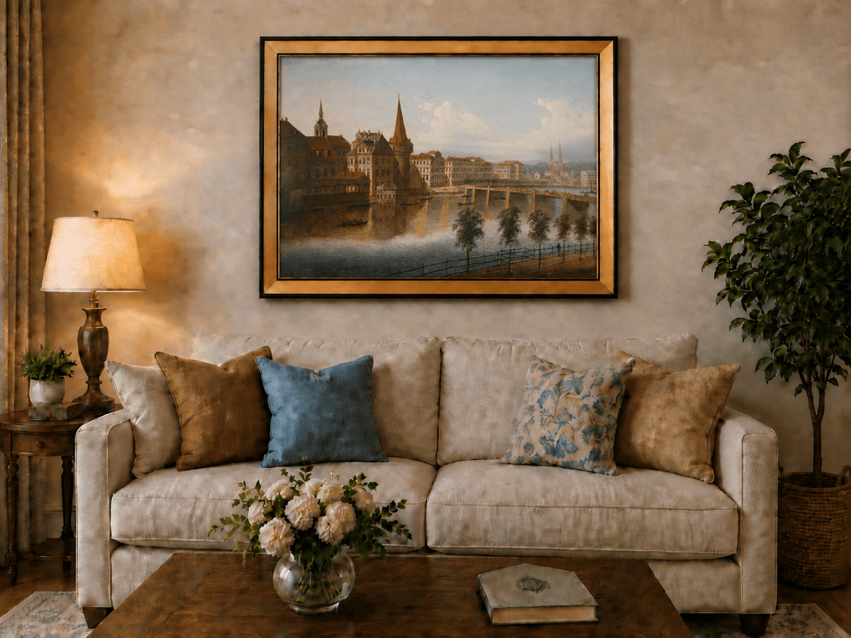 Peinture à l'huile de paysage - Paysage urbain historique au bord de la rivière