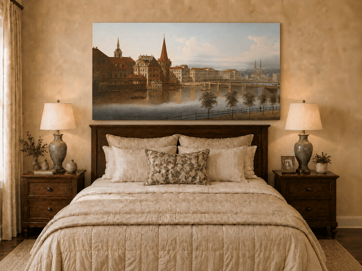 Peinture à l'huile de paysage - Paysage urbain historique au bord de la rivière