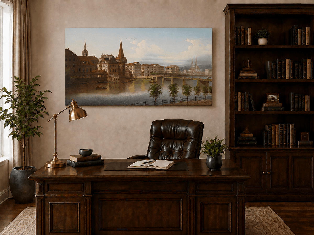 Peinture à l'huile de paysage - Paysage urbain historique au bord de la rivière