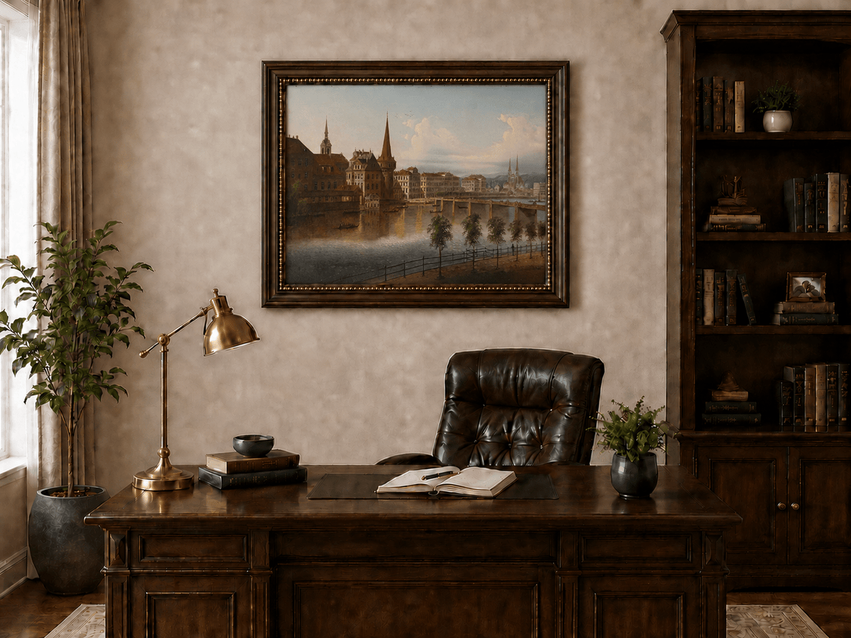 Peinture à l'huile de paysage - Paysage urbain historique au bord de la rivière