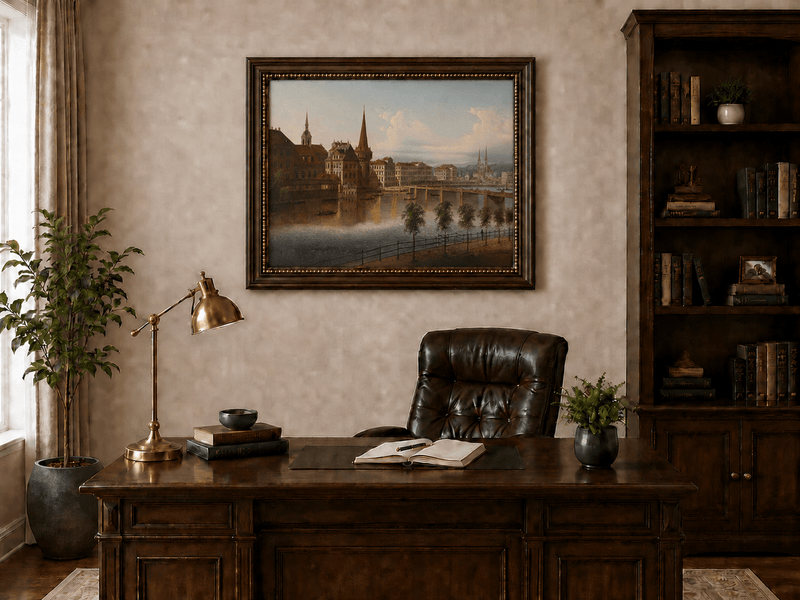 Peinture à l'huile de paysage - Paysage urbain historique au bord de la rivière