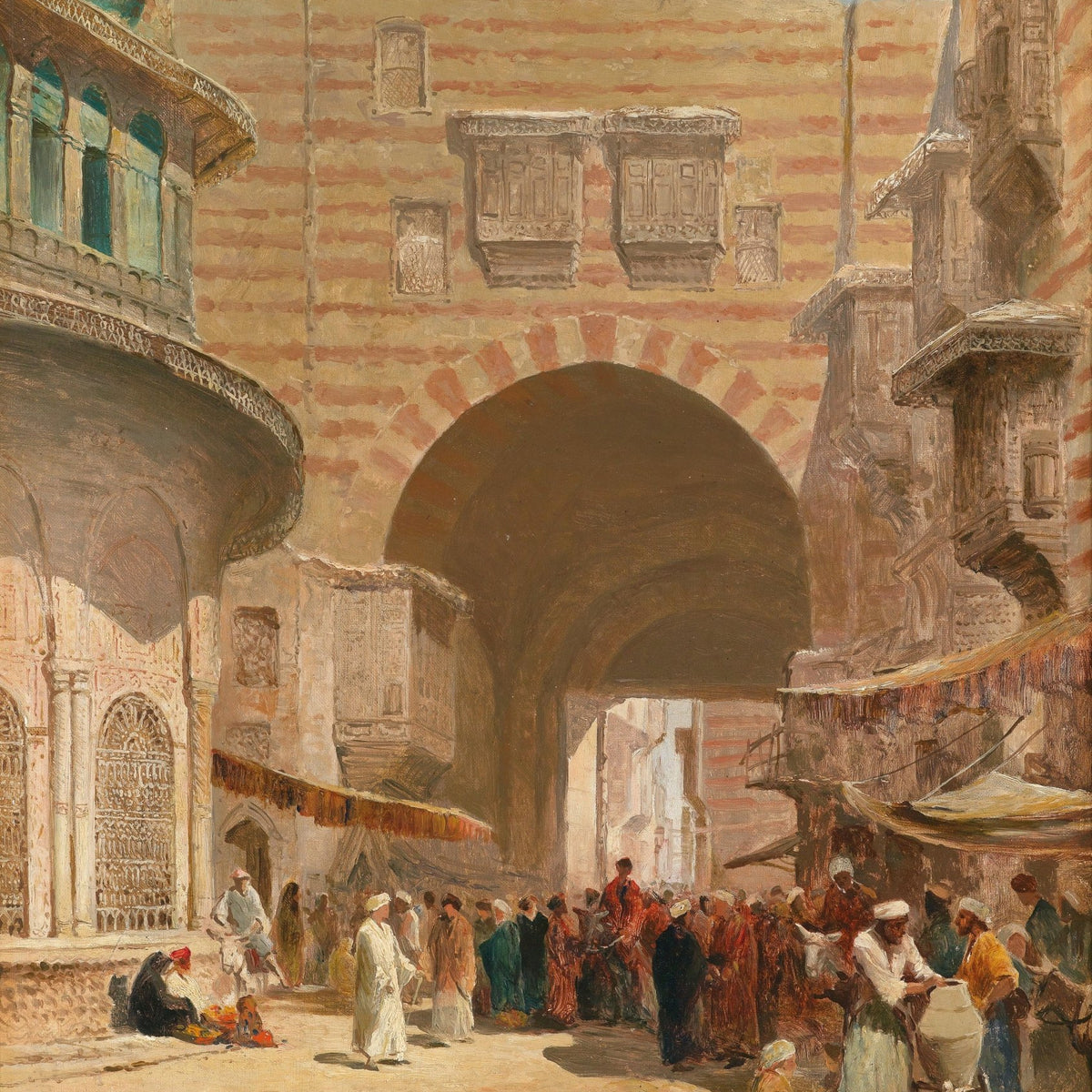 Hand-painted historic street market under an arch landscape oil painting on canvas