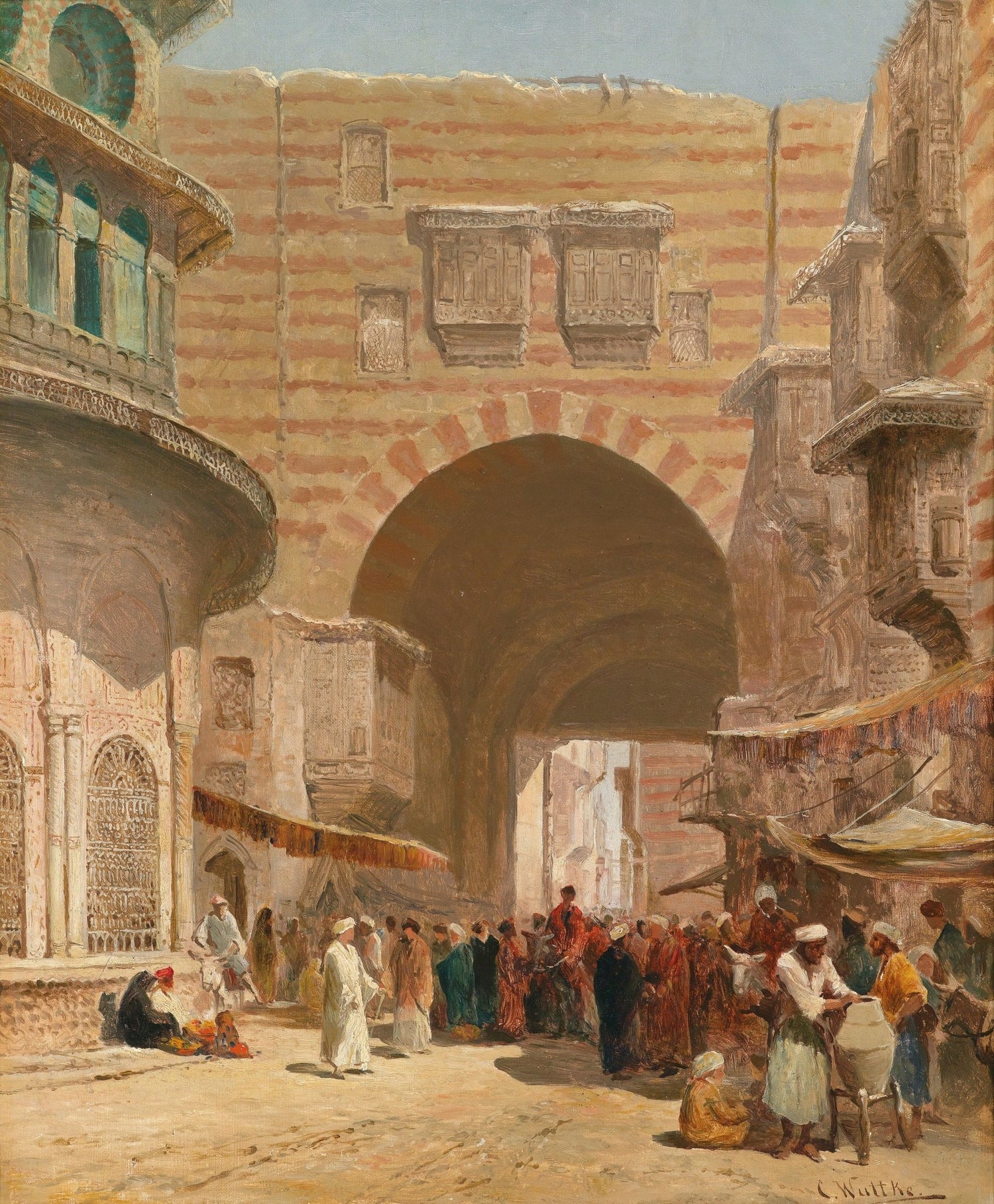 Hand-painted historic street market under an arch landscape oil painting on canvas