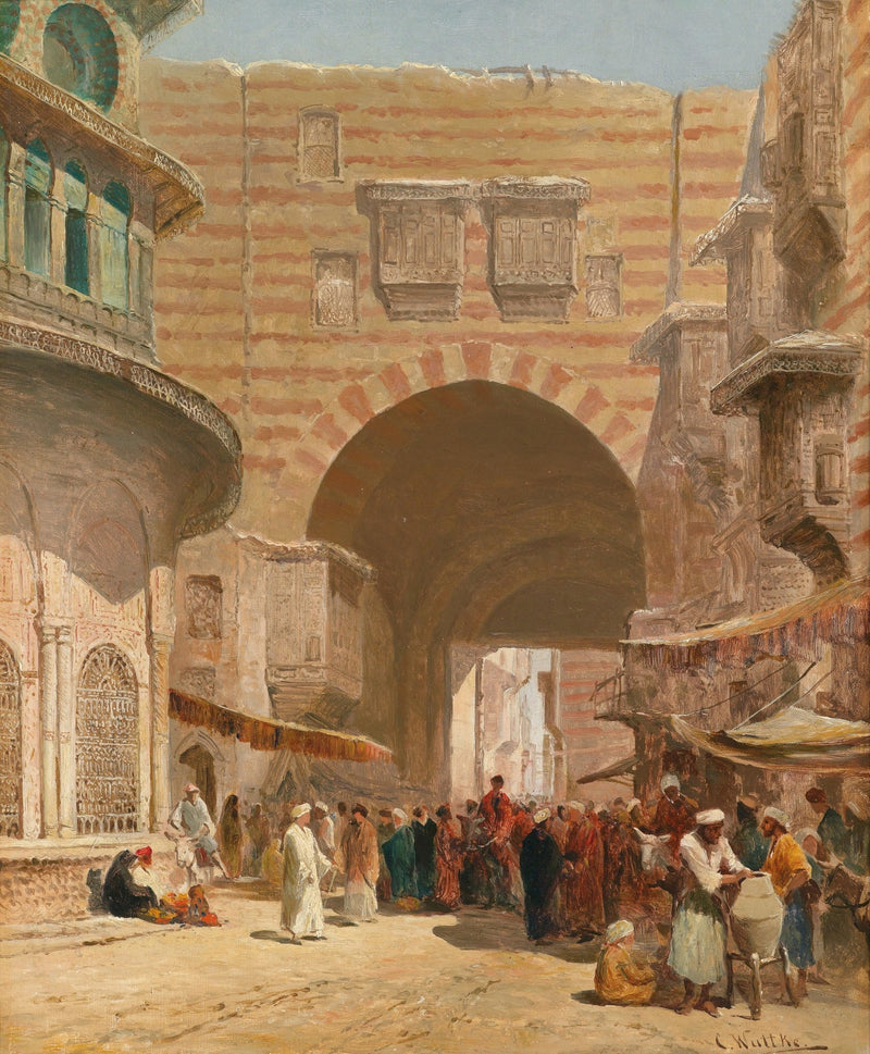 Hand-painted historic street market under an arch landscape oil painting on canvas