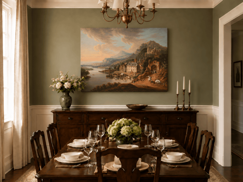Landscape Oil Painting - Historic-Themed & Riverside Town Castle