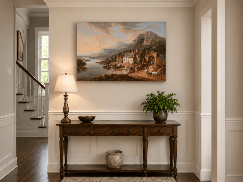 Landscape Oil Painting - Historic-Themed & Riverside Town Castle