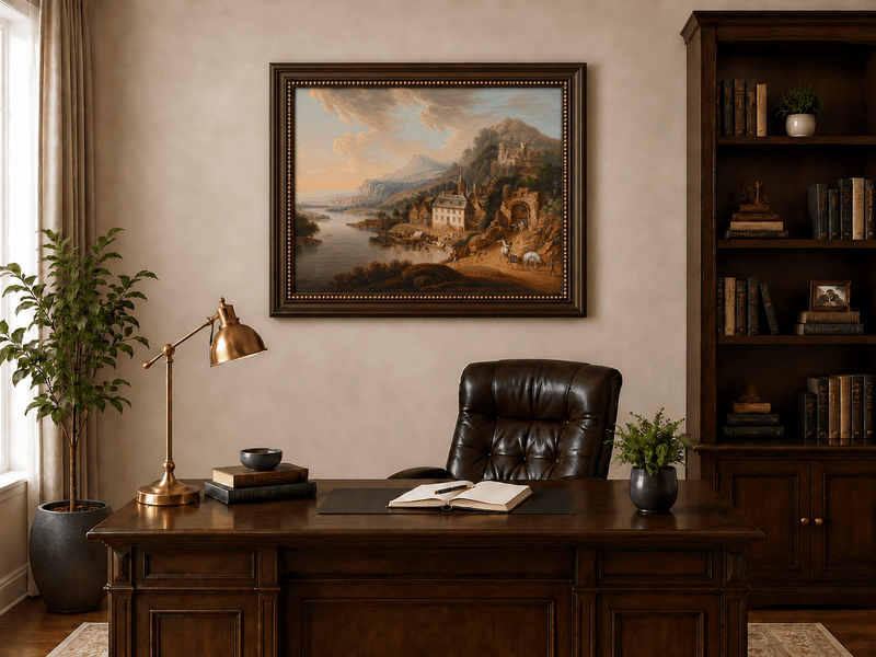 Landscape Oil Painting - Historic-Themed & Riverside Town Castle