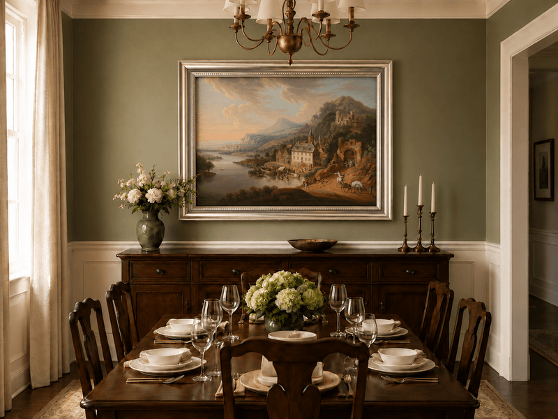 Landscape Oil Painting - Historic-Themed & Riverside Town Castle