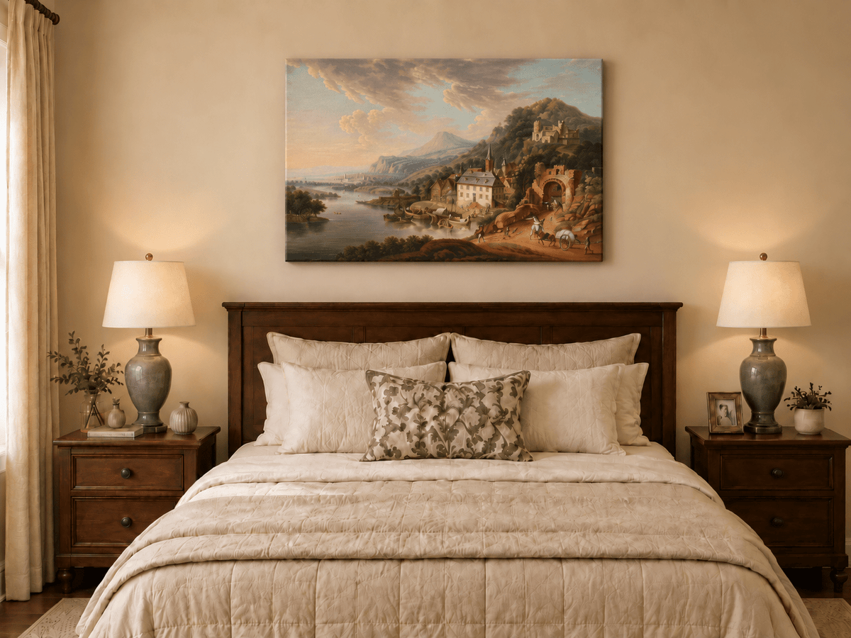 Landscape Oil Painting - Historic-Themed & Riverside Town Castle