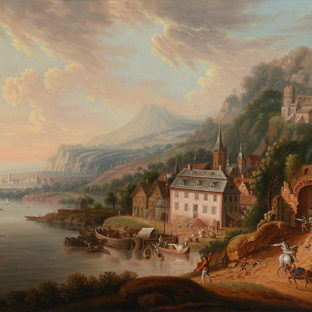 Landscape Oil Painting - Historic - themed & riverside town castle sunset - Oil Painting Haven