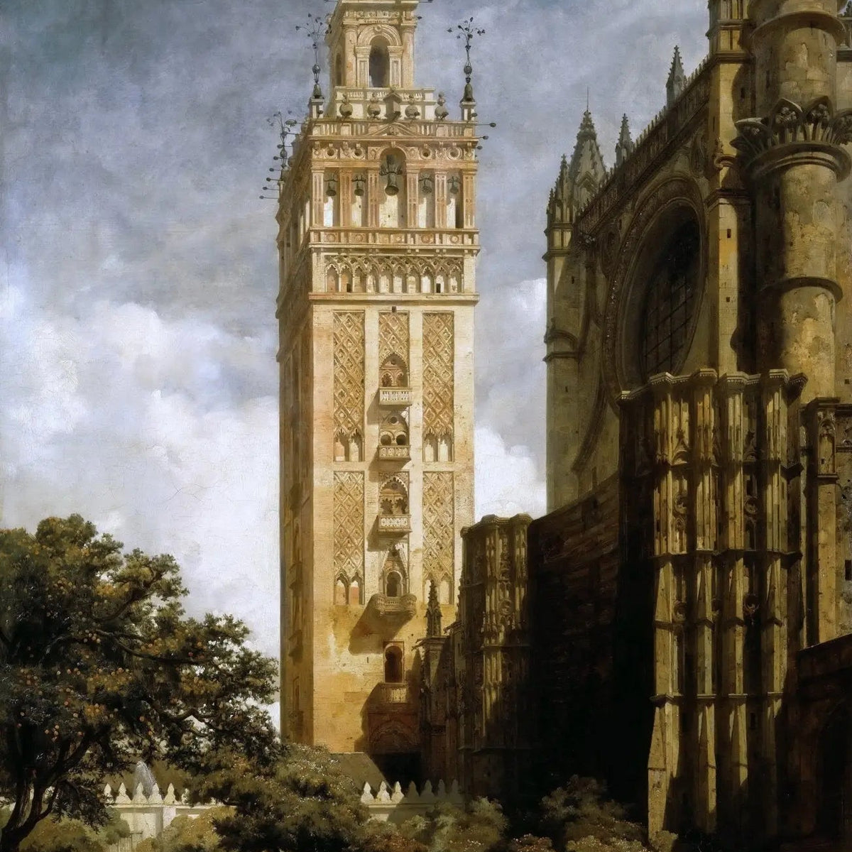 Landscape Oil Painting - Historic Tower and Cathedral Scene with Figures - Oil Painting Haven