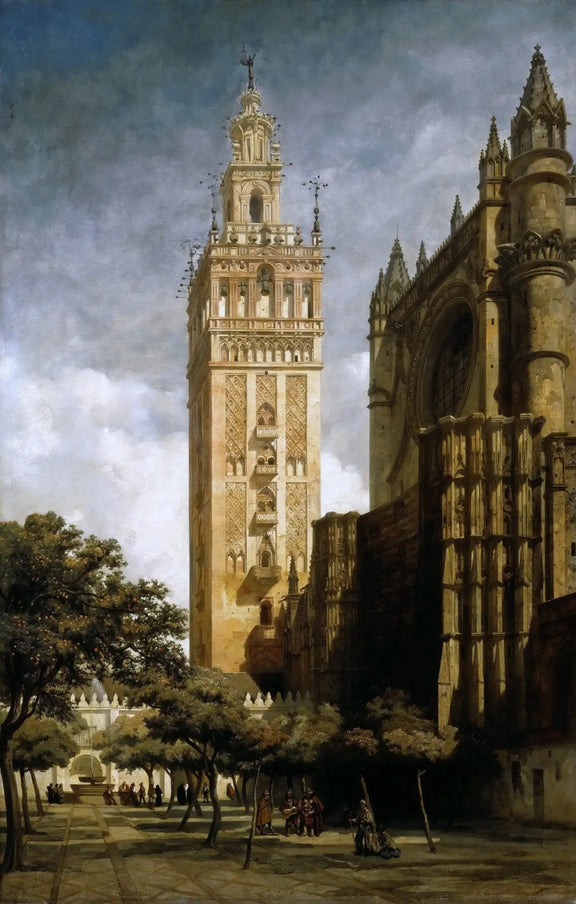 Landscape Oil Painting - Historic Tower and Cathedral Scene with Figures - Oil Painting Haven