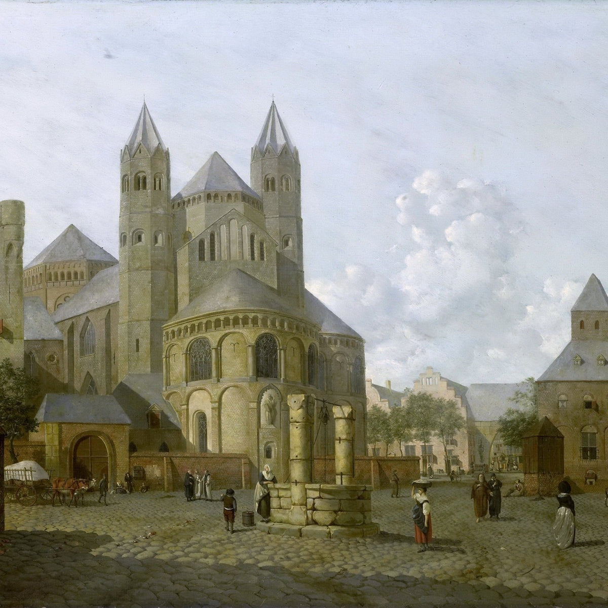 Hand-painted historic town square with church landscape oil painting on canvas