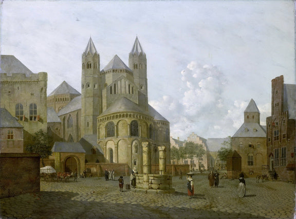 Hand-painted historic town square with church landscape oil painting on canvas