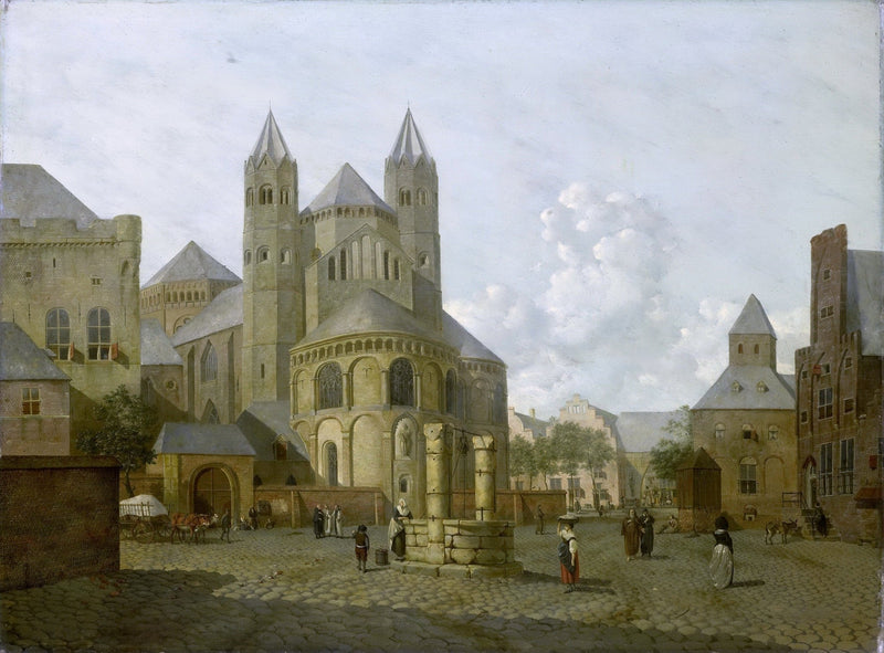 Hand-painted historic town square with church landscape oil painting on canvas