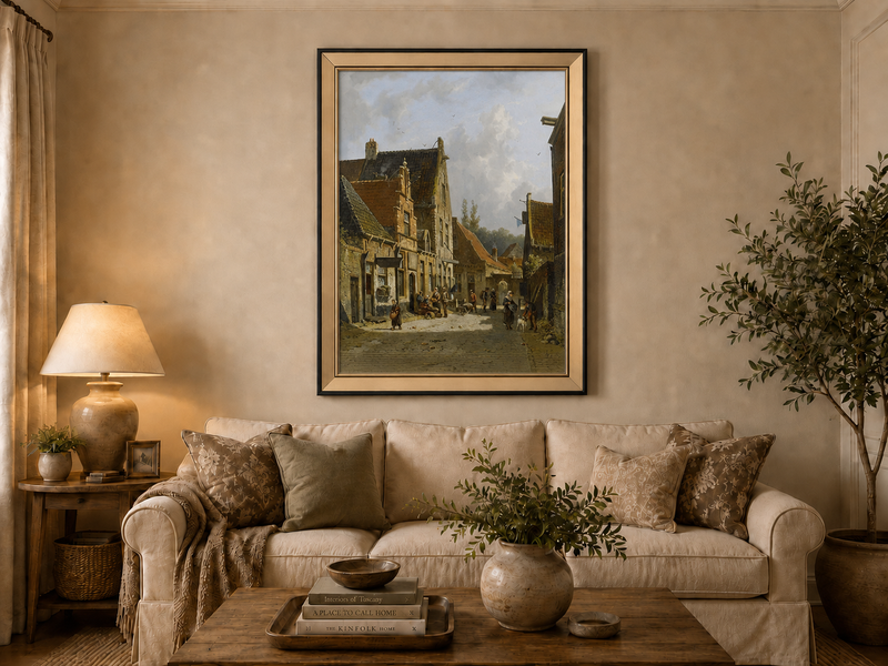 Historic town street with figures landscape oil painting displayed in a styled home interior.