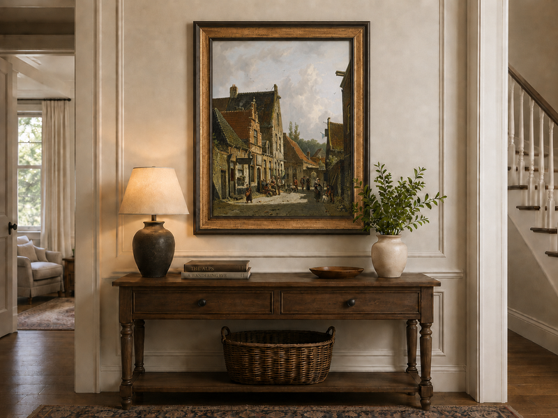 Historic town street with figures hand-painted oil artwork shown as home wall decor.