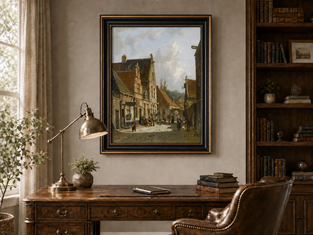 Historic town street with figures landscape oil painting presented in an interior wall art mockup.