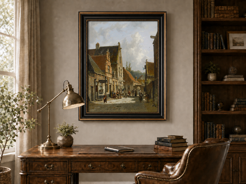 Historic town street with figures landscape oil painting presented in an interior wall art mockup.