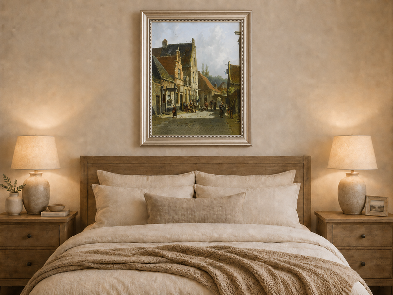 Hand-painted historic town street with figures artwork displayed as decorative wall art.