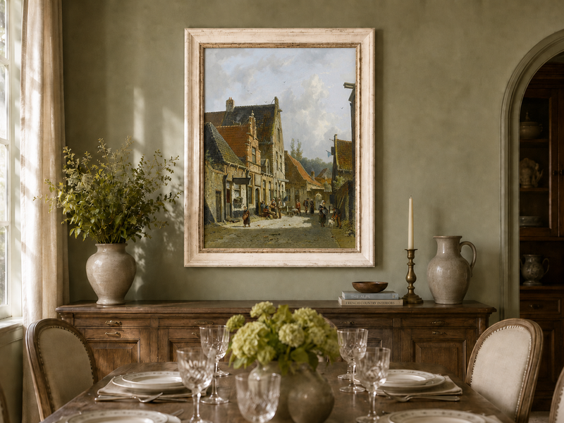 Historic town street with figures oil landscape artwork shown in a styled home interior.