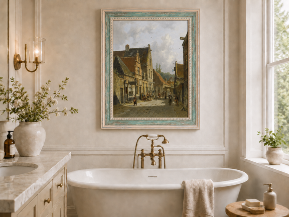 Historic town street with figures landscape oil painting presented as interior home decor.
