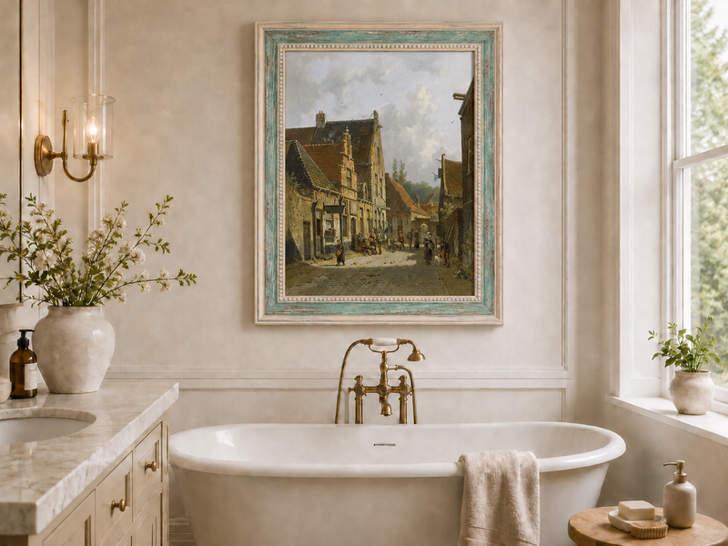 Historic town street with figures landscape oil painting presented as interior home decor.