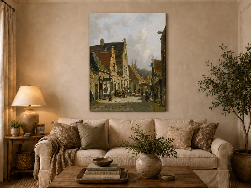 Historic town street with figures hand-painted oil artwork displayed in a second interior view.