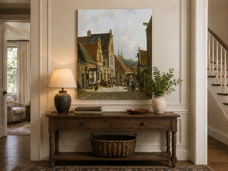 Historic town street with figures landscape painting shown as decorative oil wall art.
