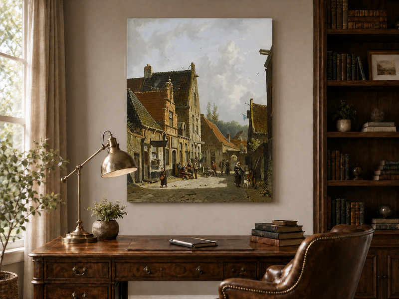 Interior wall art view featuring a historic town street with figures landscape oil painting.