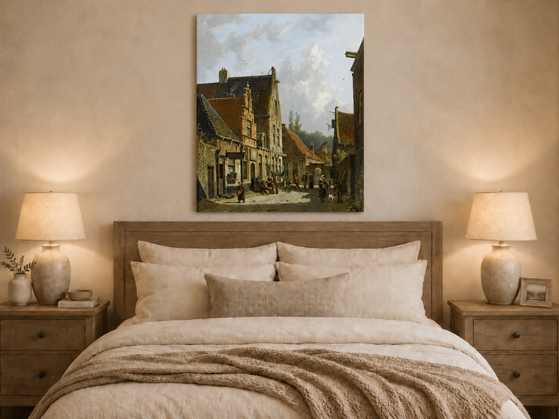 Historic town street with figures oil painting displayed as landscape wall decor.