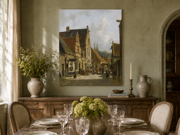 Hand-painted historic town street with figures landscape artwork in an interior display.