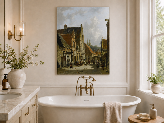 Historic town street with figures landscape oil painting presented as styled home decor.