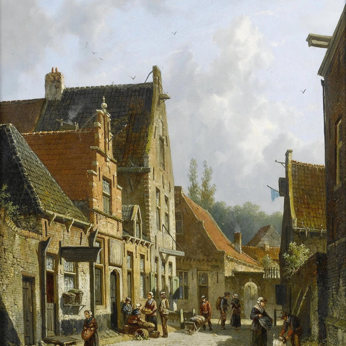Landscape Oil Painting - Historic Town Street Scene with Figures & Architecture - Oil Painting Haven