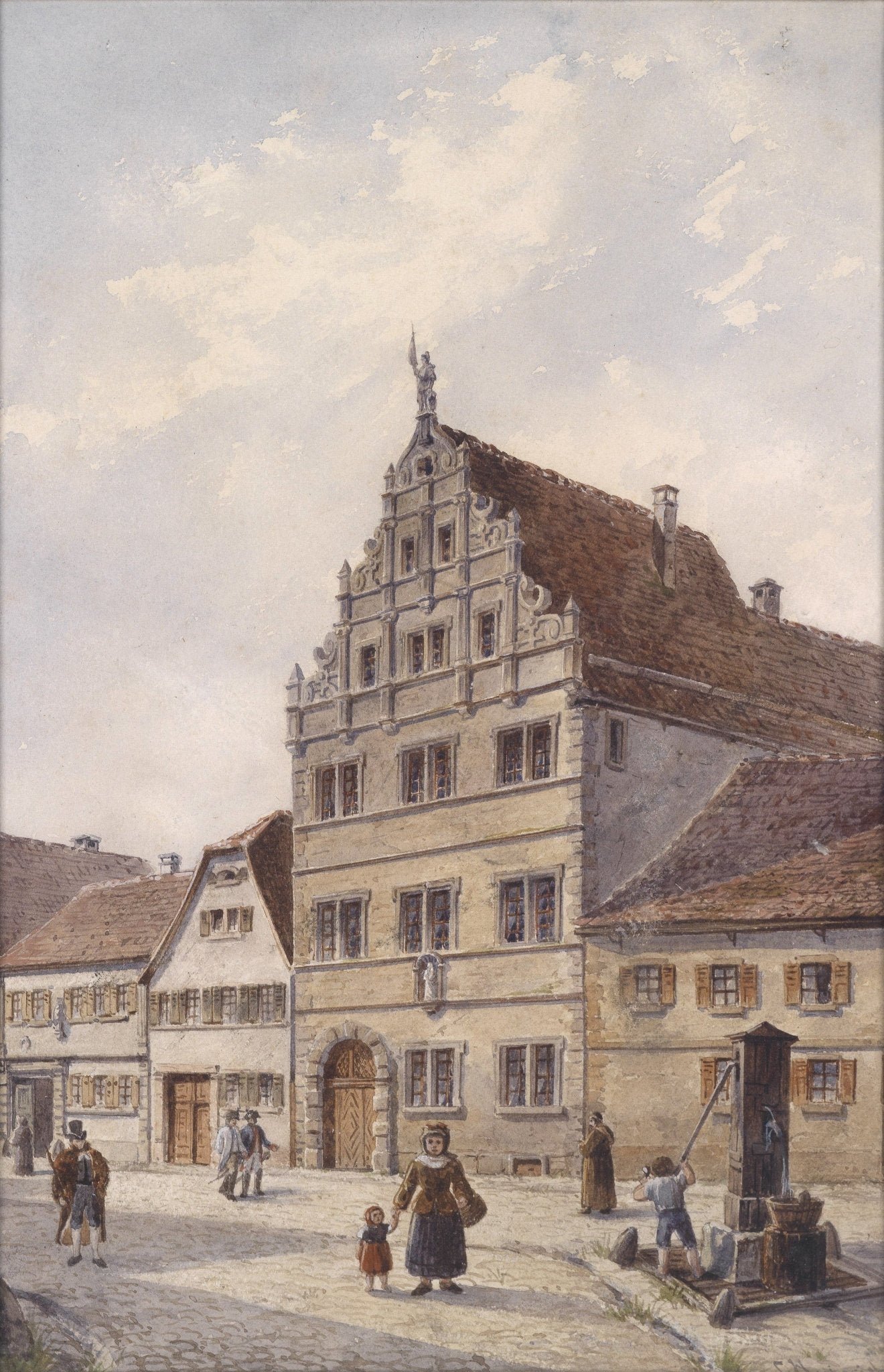Hand-painted historic townhouse and village well landscape oil painting on canvas