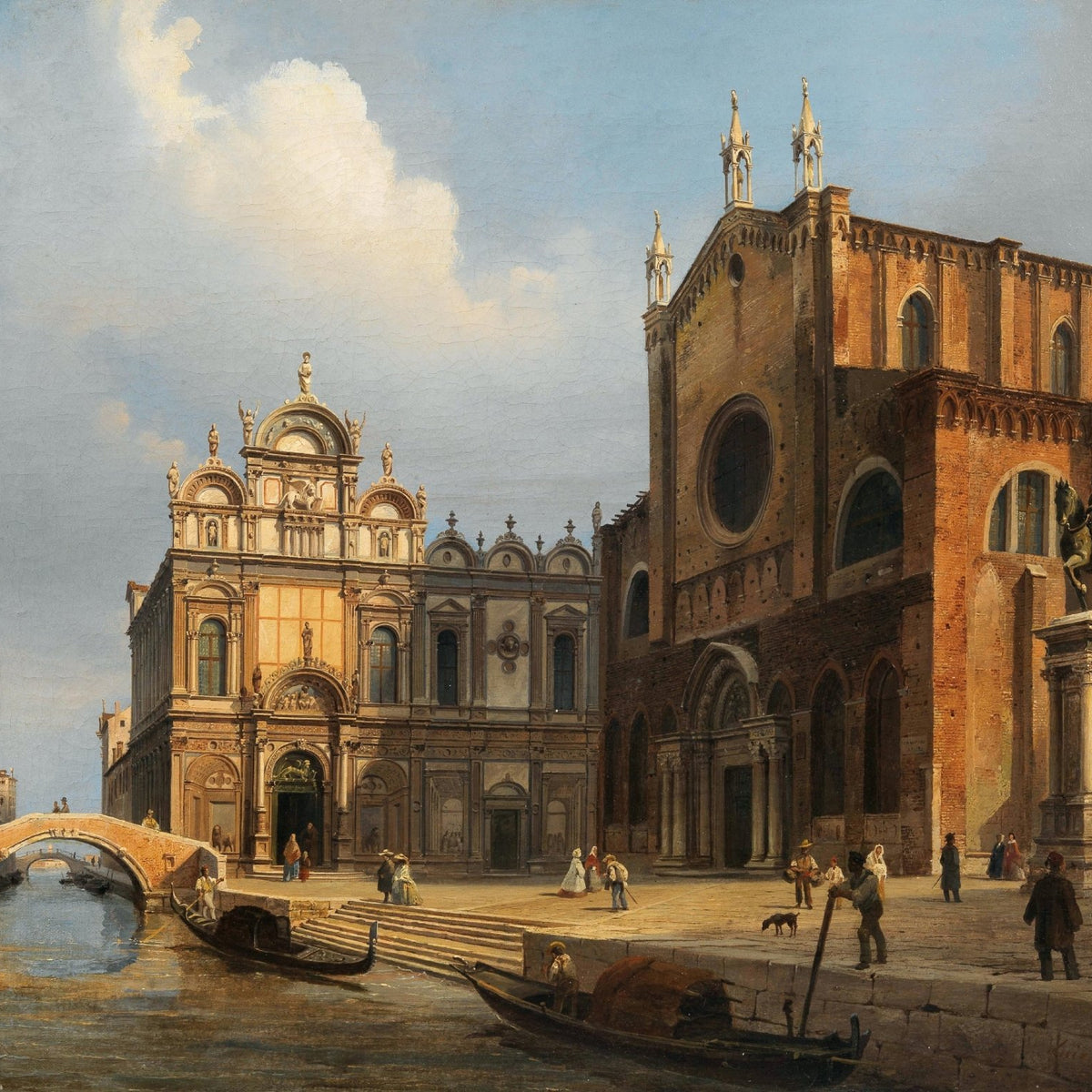 Landscape Oil Painting - Historic Venetian Square Canal, Figures