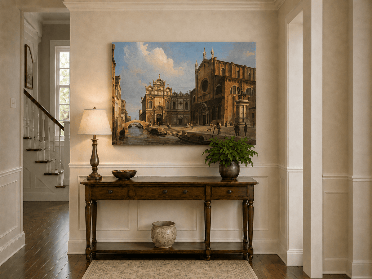 Landscape Oil Painting - Historic Venetian Square Canal, Figures