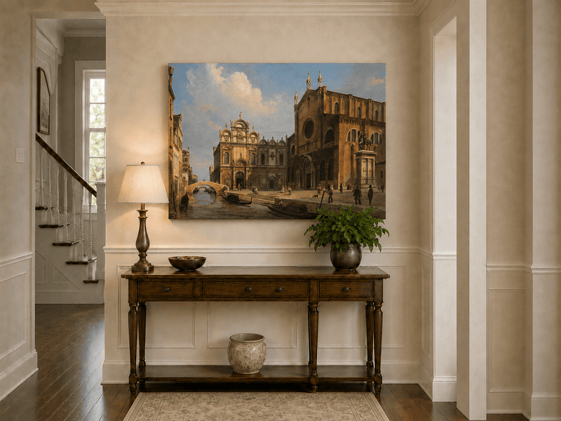 Landscape Oil Painting - Historic Venetian Square Canal, Figures