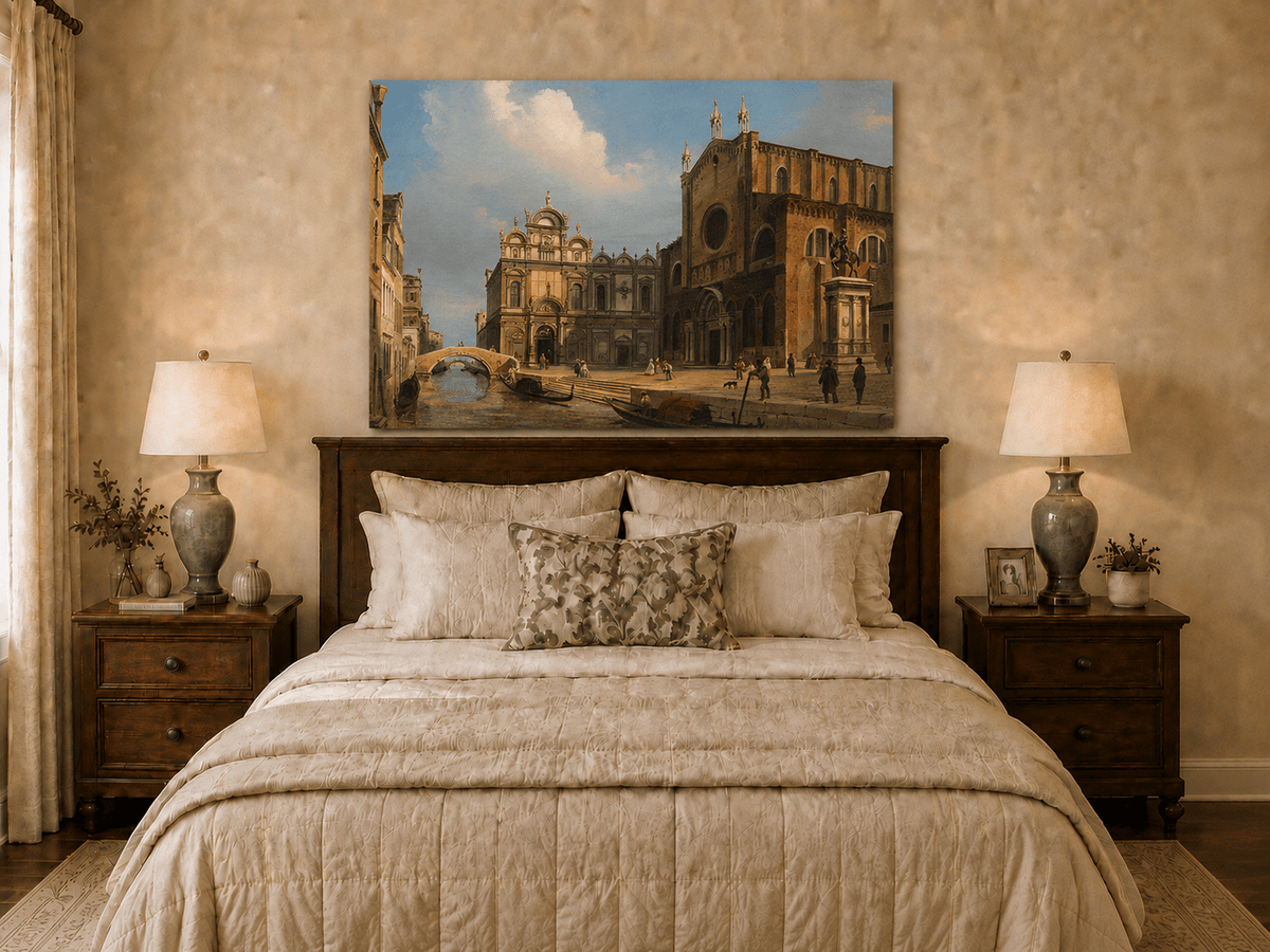 Landscape Oil Painting - Historic Venetian Square Canal, Figures