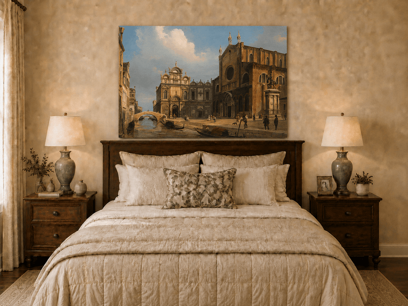 Landscape Oil Painting - Historic Venetian Square Canal, Figures