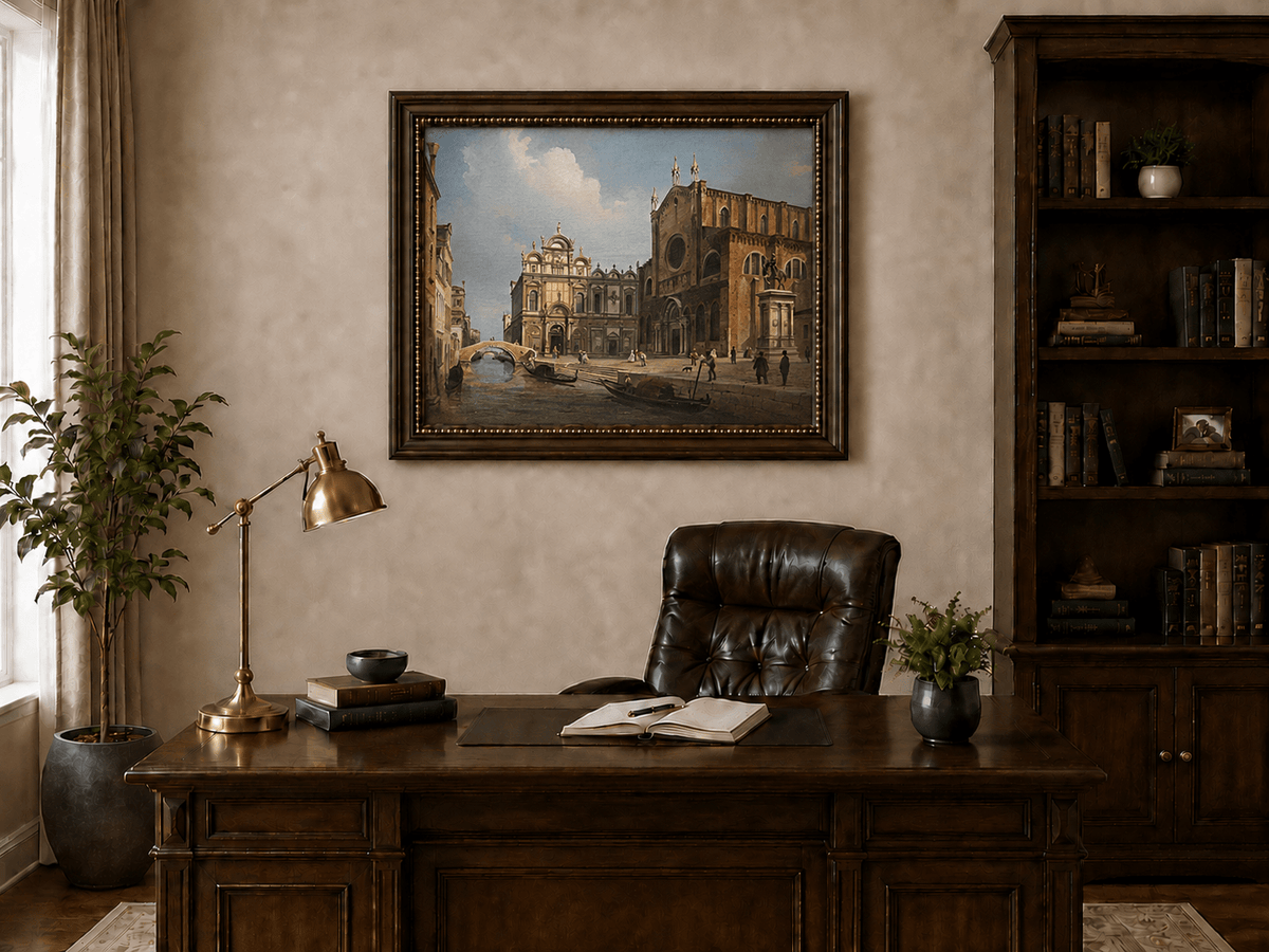 Landscape Oil Painting - Historic Venetian Square Canal, Figures