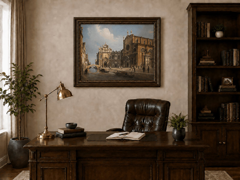Landscape Oil Painting - Historic Venetian Square Canal, Figures