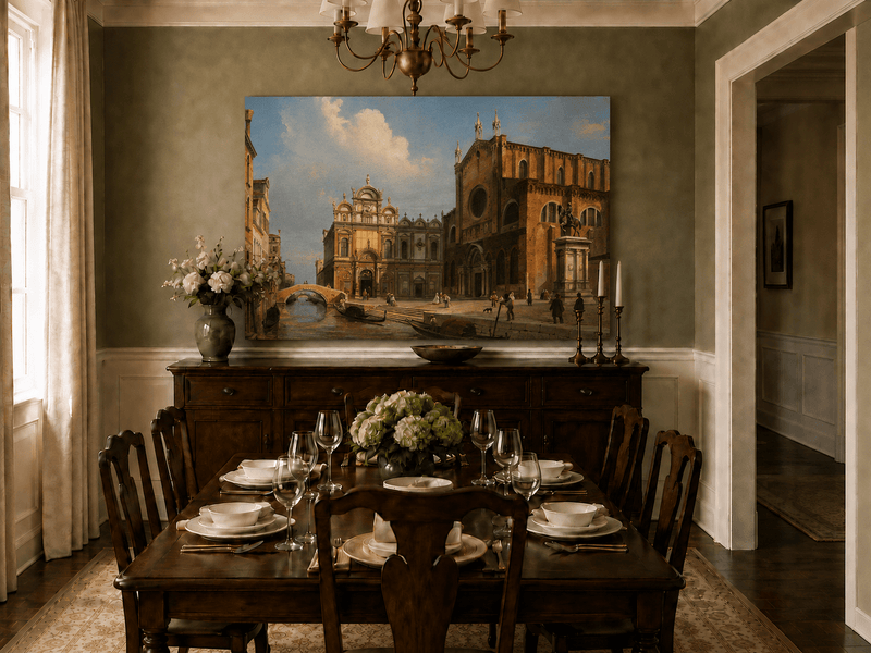 Landscape Oil Painting - Historic Venetian Square Canal, Figures