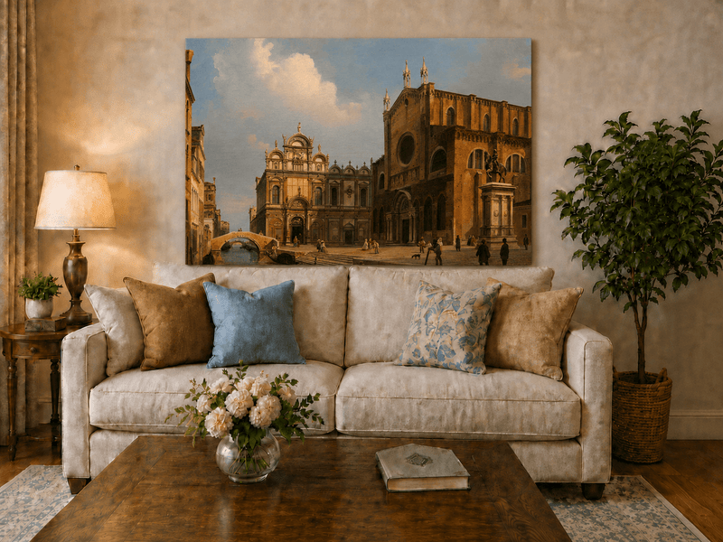 Landscape Oil Painting - Historic Venetian Square Canal, Figures