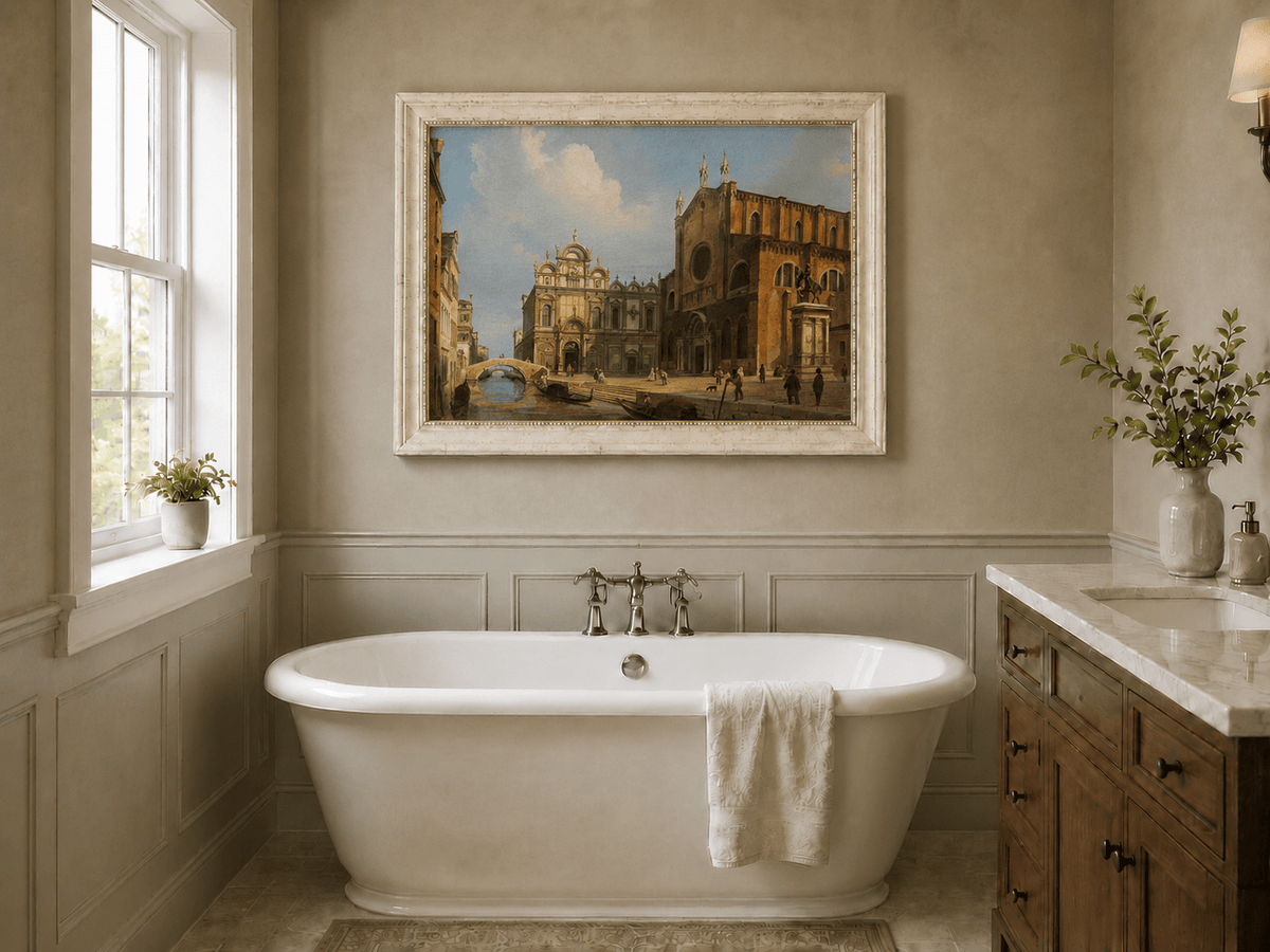 Landscape Oil Painting - Historic Venetian Square Canal, Figures