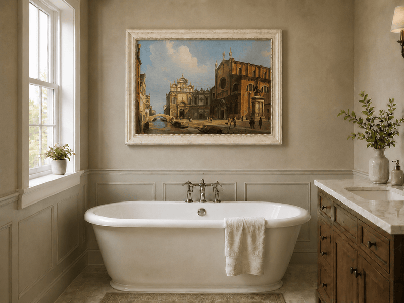 Landscape Oil Painting - Historic Venetian Square Canal, Figures