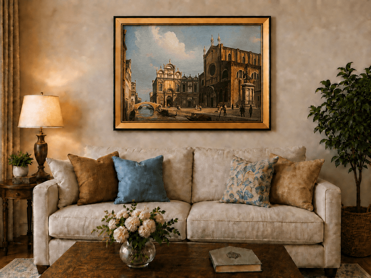 Landscape Oil Painting - Historic Venetian Square Canal, Figures
