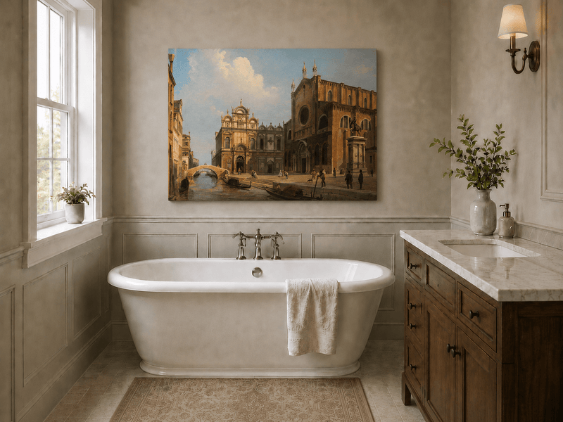 Landscape Oil Painting - Historic Venetian Square Canal, Figures